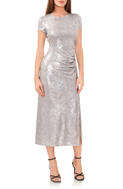 Vince Camuto Foil Ruched Cocktail Midi Dress In Alloy