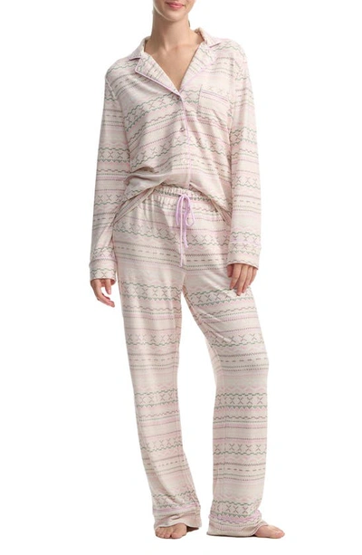 Splendid Plaid Long Sleeve Knit Pajamas In Beige