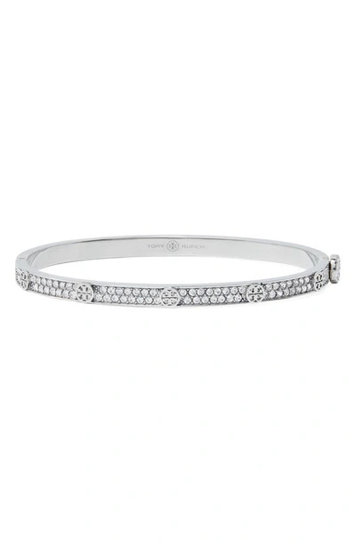 Tory Burch Miller Double T Crystal Stud Bracelet, 5mm In Tory Silver / Crystal