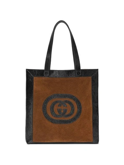 Gucci Suede Leather-trim Medium Logo Tote In Brown