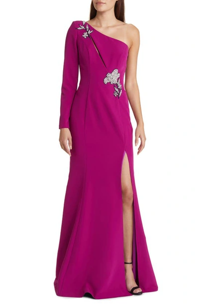 Marchesa Notte Floral One-shoulder Long Sleeve Gown In Berry