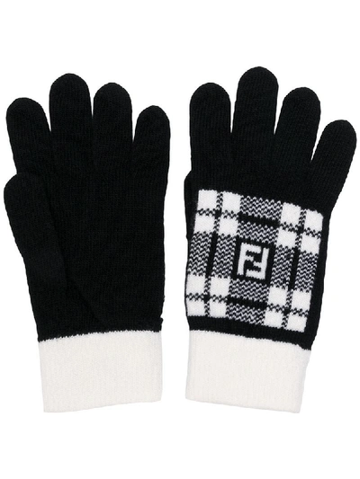 Fendi Ff Tartan Wool Gloves In Black