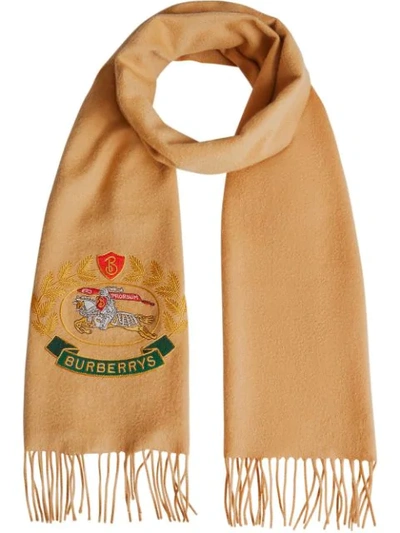 Burberry Embroidered Crest Cashmere Scarf In Antique Yellow