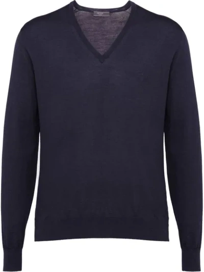 Prada Knitted V-neck Sweater In Blue