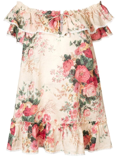 Zimmermann Floral Print Off Shoulder Dress In Neutrals