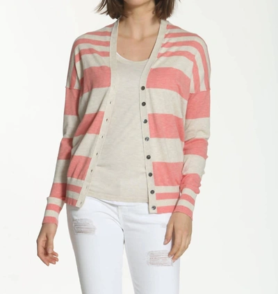 Label+thread Striped Cotton Cardigan In Coral/ecru In Multi