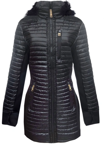 Michael Kors Women's Quilted Mixed Media 3/4 Coat Jacket With Faux Fur In Black