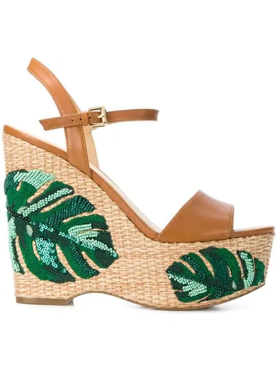 Michael Michael Kors Fisher Palm Embroidered Wedges In Brown