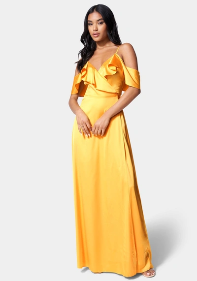 Bebe Cold Shoulder Ruffle Maxi Dress In Amber Yellow