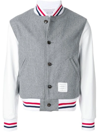Thom Browne Button Front Melton Wool Varsity Jacket - Grey