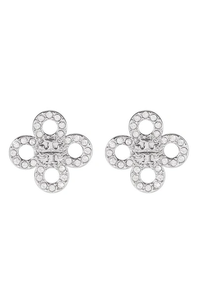 Tory Burch Small Kira Clover Pave Stud Earrings In Light Hematite/crystal