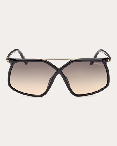 Tom Ford Women's Shiny Black & Smoke-sand Gradient T-logo Square Sunglasses
