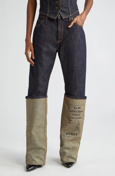 Jean Paul Gaultier Label Graphic Cuffed Straight Leg Jeans
