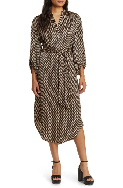 Zoe And Claire Tie Belt Midi Dress In Taupe/ Black