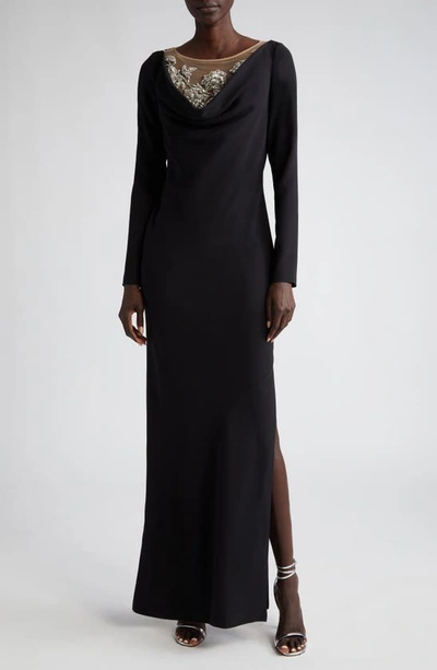 Oscar De La Renta Crystal Embellished Long Sleeve Stretch Silk Gown In Black