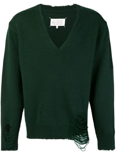 Maison Margiela Distressed V-neck Sweater - Green