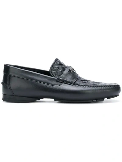 Versace Grecca Embossed Loafers In Black