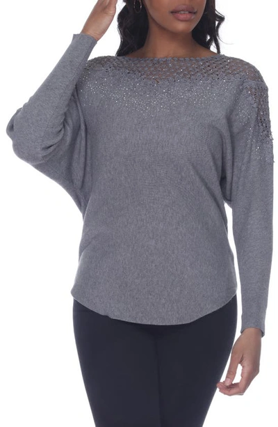 Rain And Rose Embellished Lace Trim Sweater In Grey