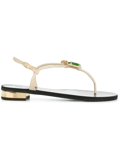 Giuseppe Zanotti - Leather Flat Sandal With Crystal Accessory Tierra53 In Neutrals
