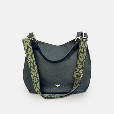 Apatchy London The Harriet Black Leather Bag With Olive Green Cheetah Strap