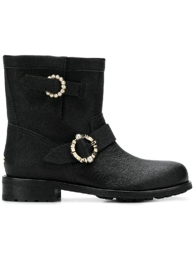 Jimmy Choo Youth Biker Style Ankle Boots In Satin Leather With Maxi Jewel Buckles In Black