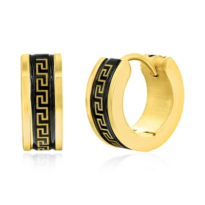 Blackjack Stainless Steel 13mm Greek Key Hoop Earrings - Black & Gold