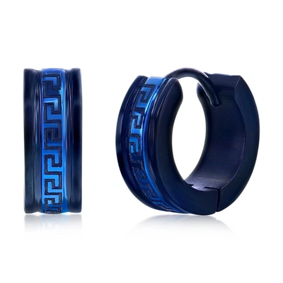 Blackjack Stainless Steel 13mm Greek Key Hoop Earrings - Black & Gold In Blue