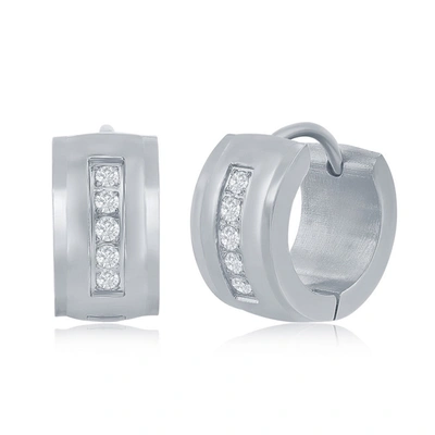Blackjack Stainless Steel 7x13mm Cz Huggie Hoop Earrings - Black Plated In Silver