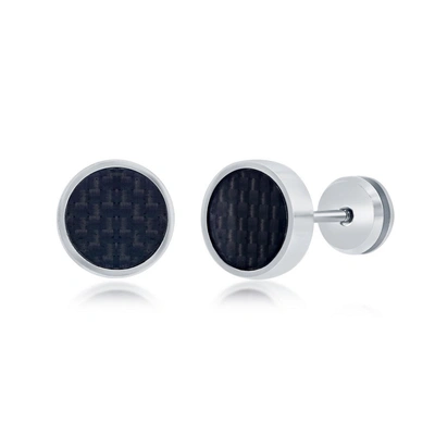 Blackjack Stainless Steel 10mm Black Carbon Fiber Stud Earrings - Black Plated