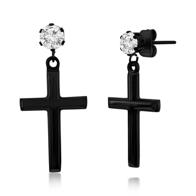 Blackjack Stainless Steel Polished Cross & Cz Earrings - Black Plated