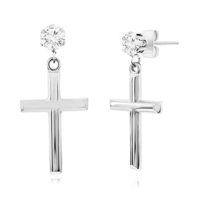 Blackjack Stainless Steel Polished Cross & Cz Earrings - Black Plated In Silver