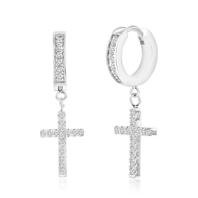 Blackjack Stainless Steel Cross Cz Charm Huggie Hoop Earrings In Silver