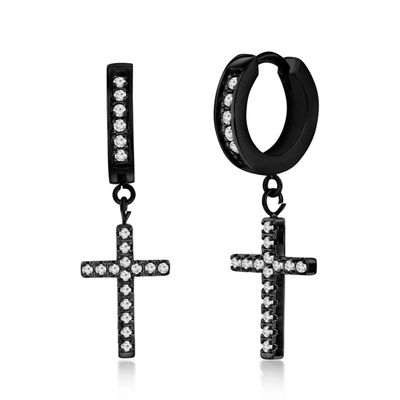 Blackjack Stainless Steel Cross Cz Charm Huggie Hoop Earrings In Black
