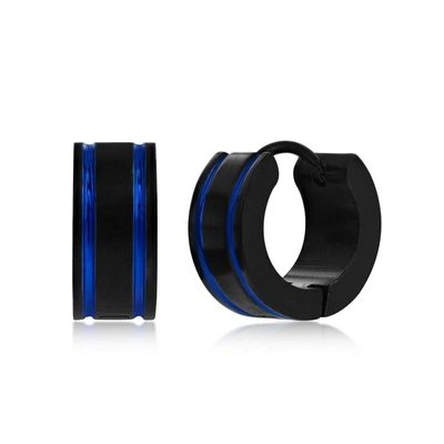 Blackjack Stainless Steel 13mm Black & Gold Double Lined Hoop Earrings In Blue