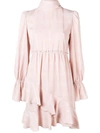 See By Chloé Tonal-check Tie-neck Flounce Short Dress In Pink