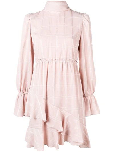 See By Chloé Tonal-check Tie-neck Flounce Short Dress In Pink