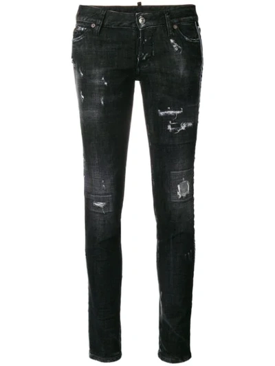 Dsquared2 Distressed Logo-stripe Jeans In Black