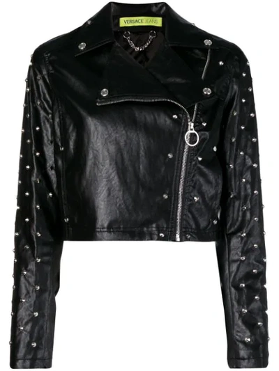 Versace Jeans Cropped Biker Jacket In Black