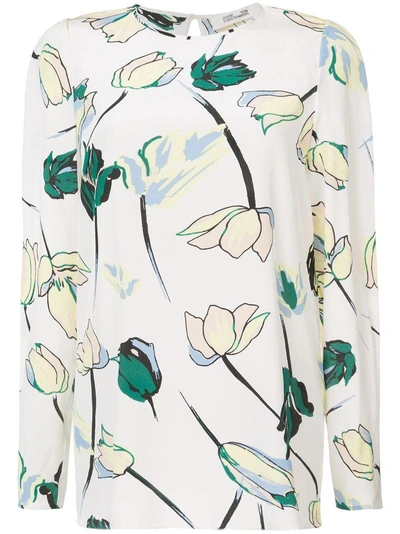 Diane Von Furstenberg Dvf  Long Sleeve Floral Blouse - White