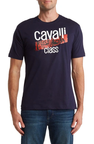 Roberto Cavalli Logo Graphic Print T-shirt In Navy