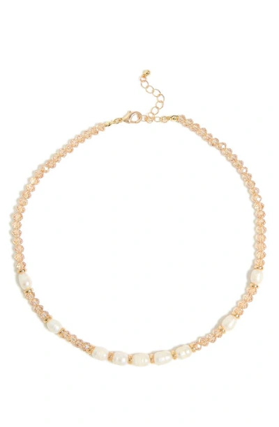 Tasha Crystal & Imitation Pearl Collar Necklace In Gold Champagne Ivory