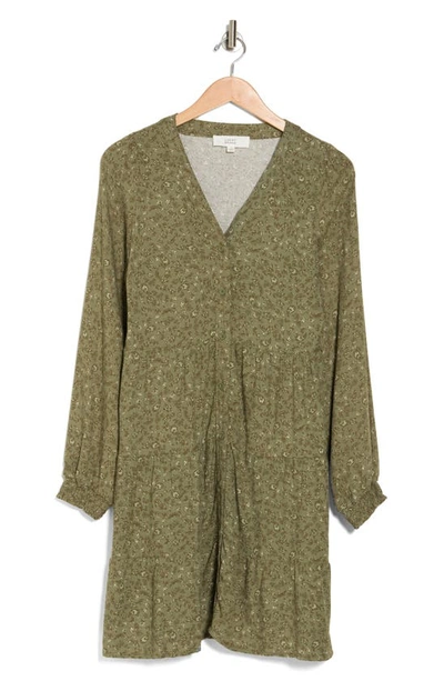 Lucky Brand Long Sleeve Tiered Dress In Olive Floral