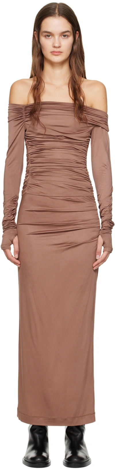Helmut Lang Ruched Long-sleeve Jersey Maxi Dress In Rust