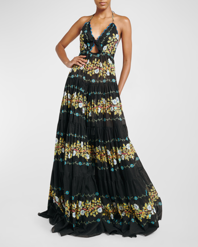 Etro Tiered Embroidered Sangallo Lace Halter Gown In Print Floral Black