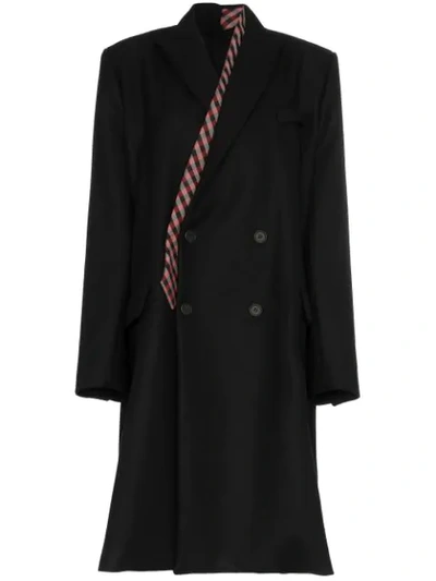 Delada Checked Tie Double Breasted Coat - Black