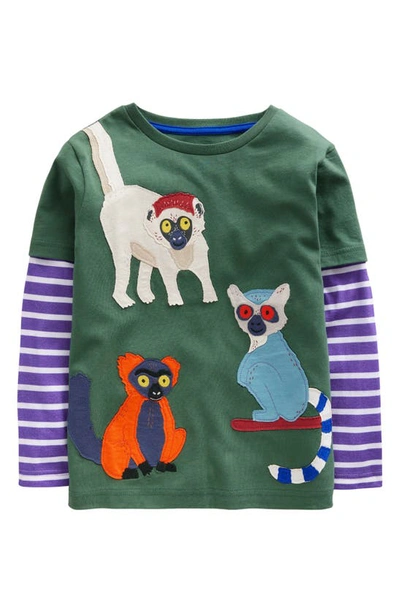 Mini Boden Kids' Funny Appliqué Long Sleeve Cotton T-shirt In Monster Green Lemurs