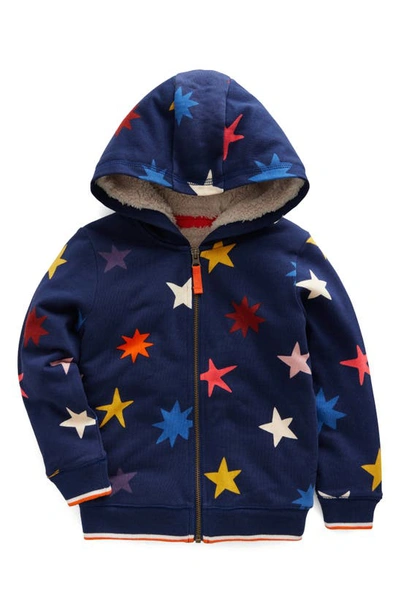Mini Boden Kids' Star Print High Pile Fleece Lined Cotton Zip-up Hoodie In College Navy Star