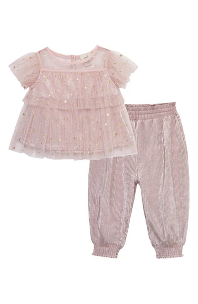 Peek Essentials Babies' Sparkle Mesh Top & Pants Set In Light Pink