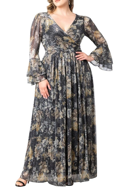 Kiyonna Gilded Glamour Long Sleeve Faux Wrap Gown In Open Miscellaneous