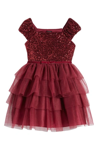 Zunie Kids' Cap Sleeve Sequin Tiered Tulle Party Dress In Burgundy